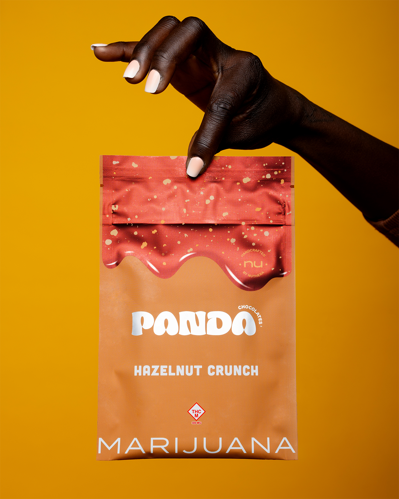 A hand holds a package of the hazelnut crunch bar.
