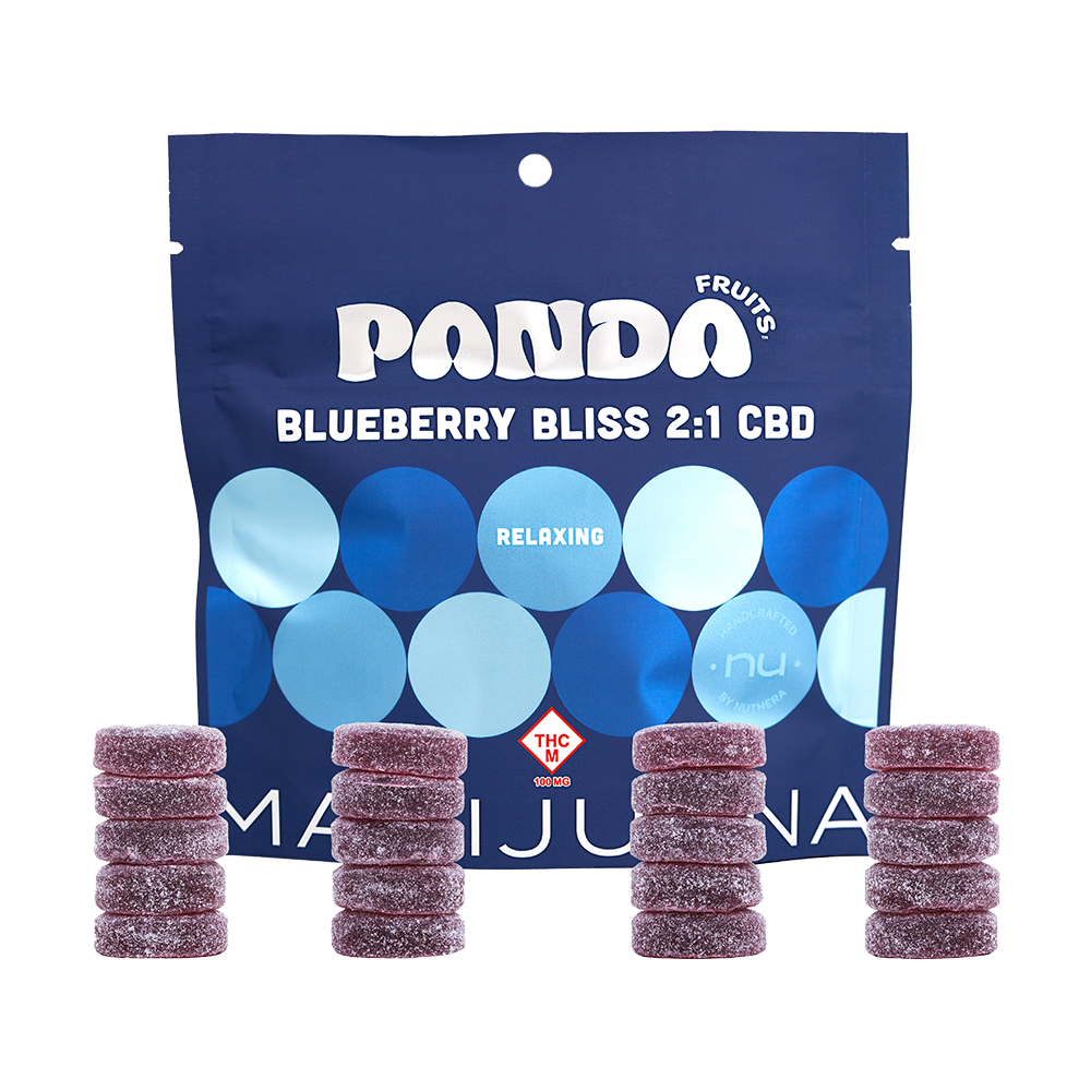 Panda Fruits Blueberry Bliss 2 to 1 CBD packaging and four stacks of purple gummies